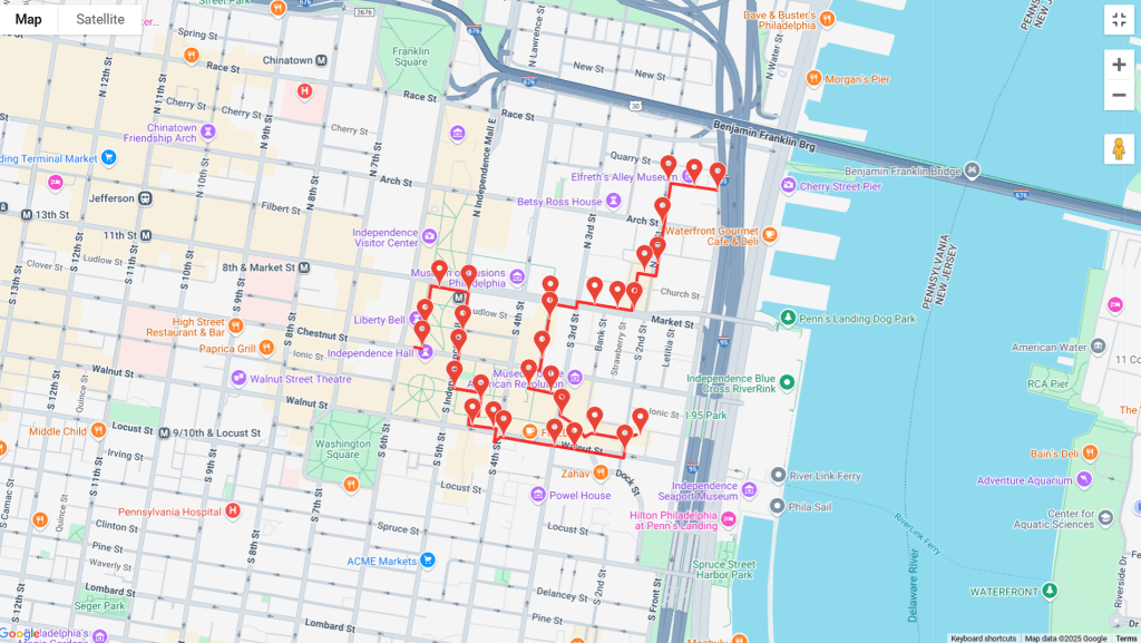 Map of my walking tour through Philadelphia, created with Google My Maps