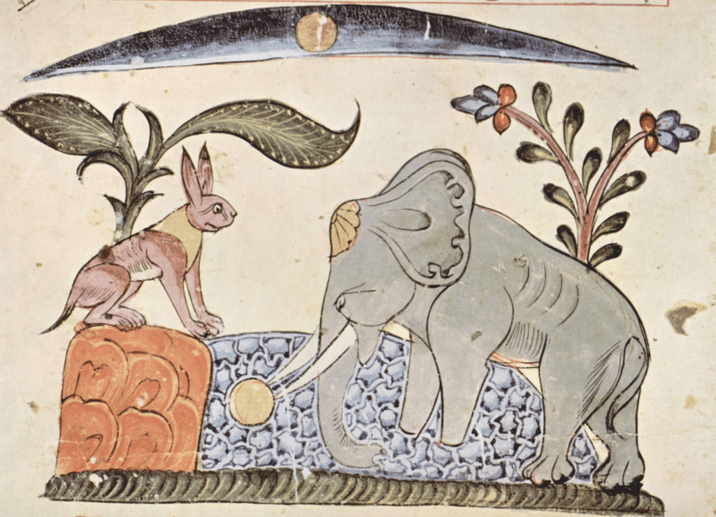 Ilustración de una edición siria del Panchatantra datada en 1354. El conejo engaña al rey de los elefantes al mostrarle el reflejo de la Luna. Literatura sánscrita.