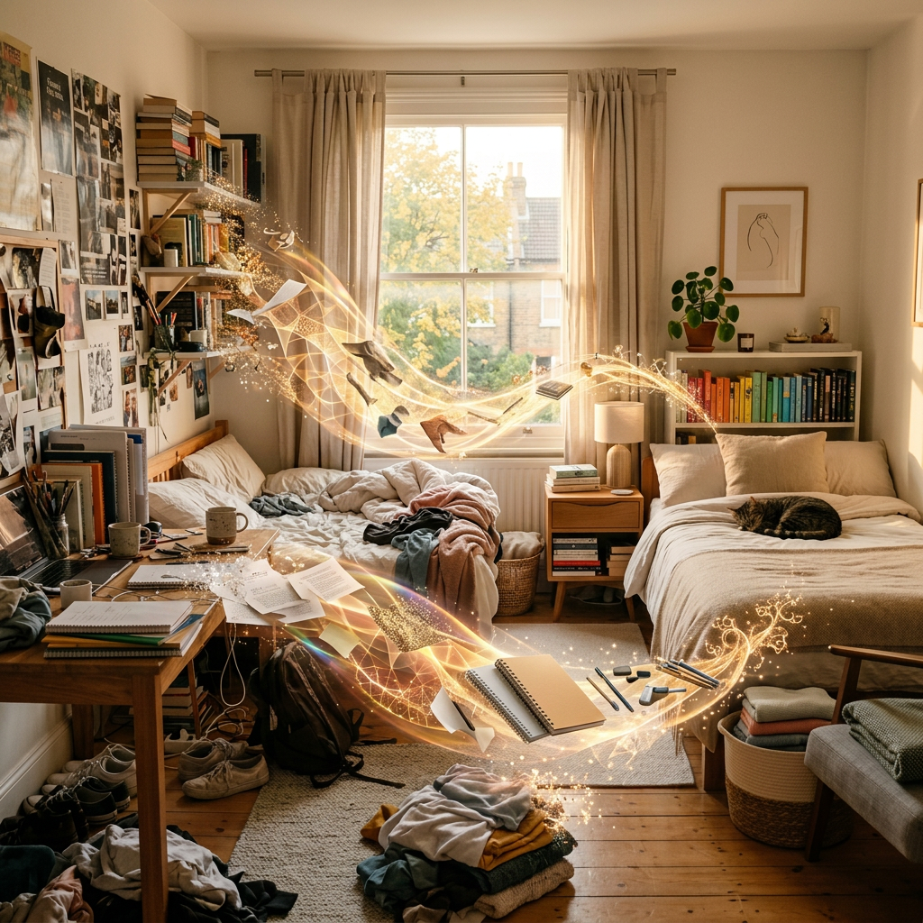 Dorm room with two beds, floating notebooks, papers, and writing tools glowing with magical light