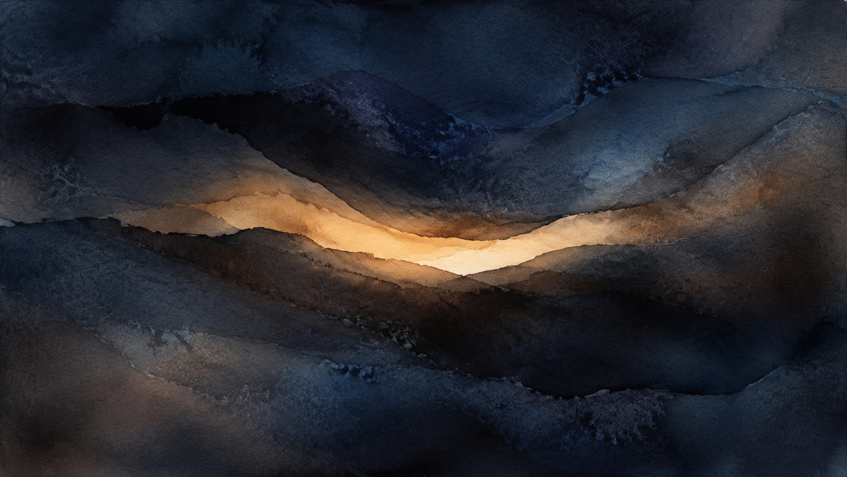 Capas abstractas de acuarela oscura rodean una estrecha abertura de luz cálida.
