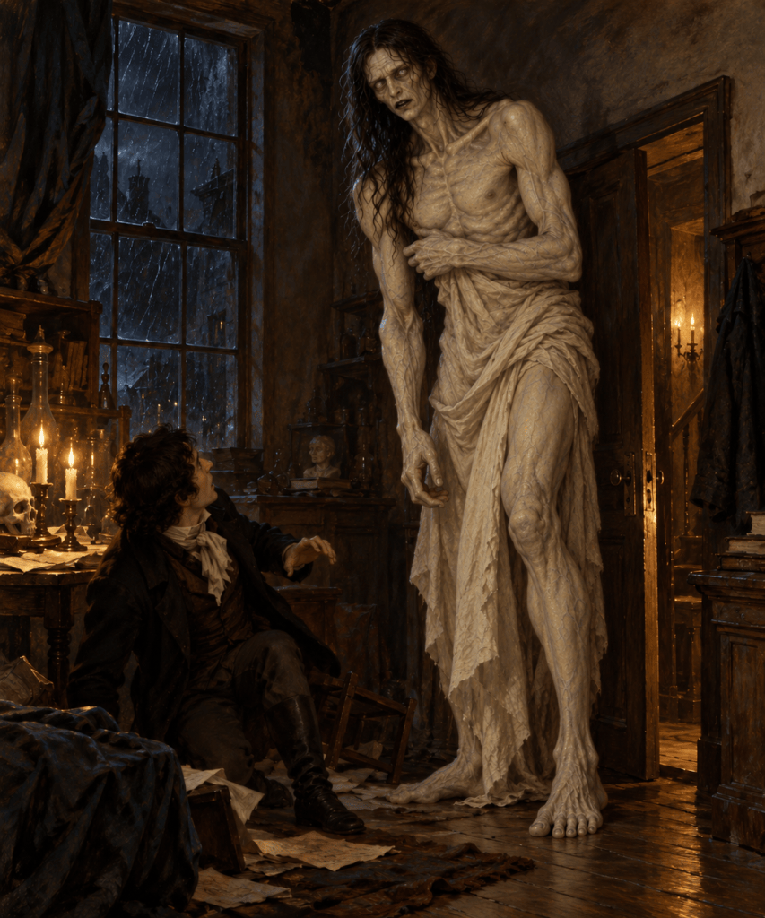 Imagen de la creación de Frankenstein creada con ChatGPT, de acuerdo con las características del libro