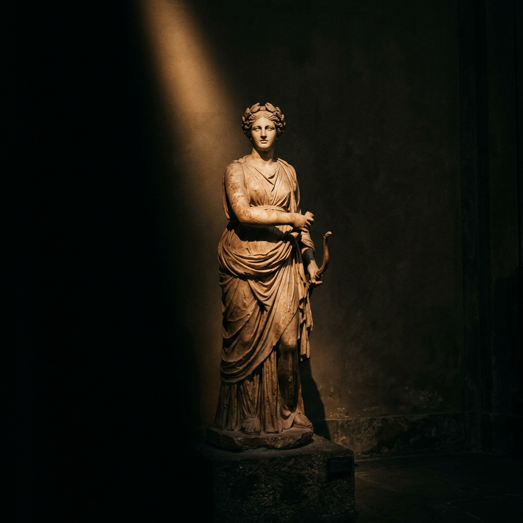 Draped classical statue holding a bow in a dim museum gallery